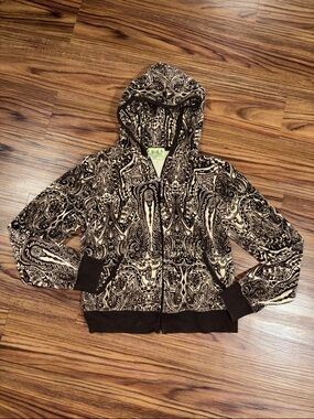 Y2K Juicy Couture Brown Paisley Hooded Zip Up Velour Jacket